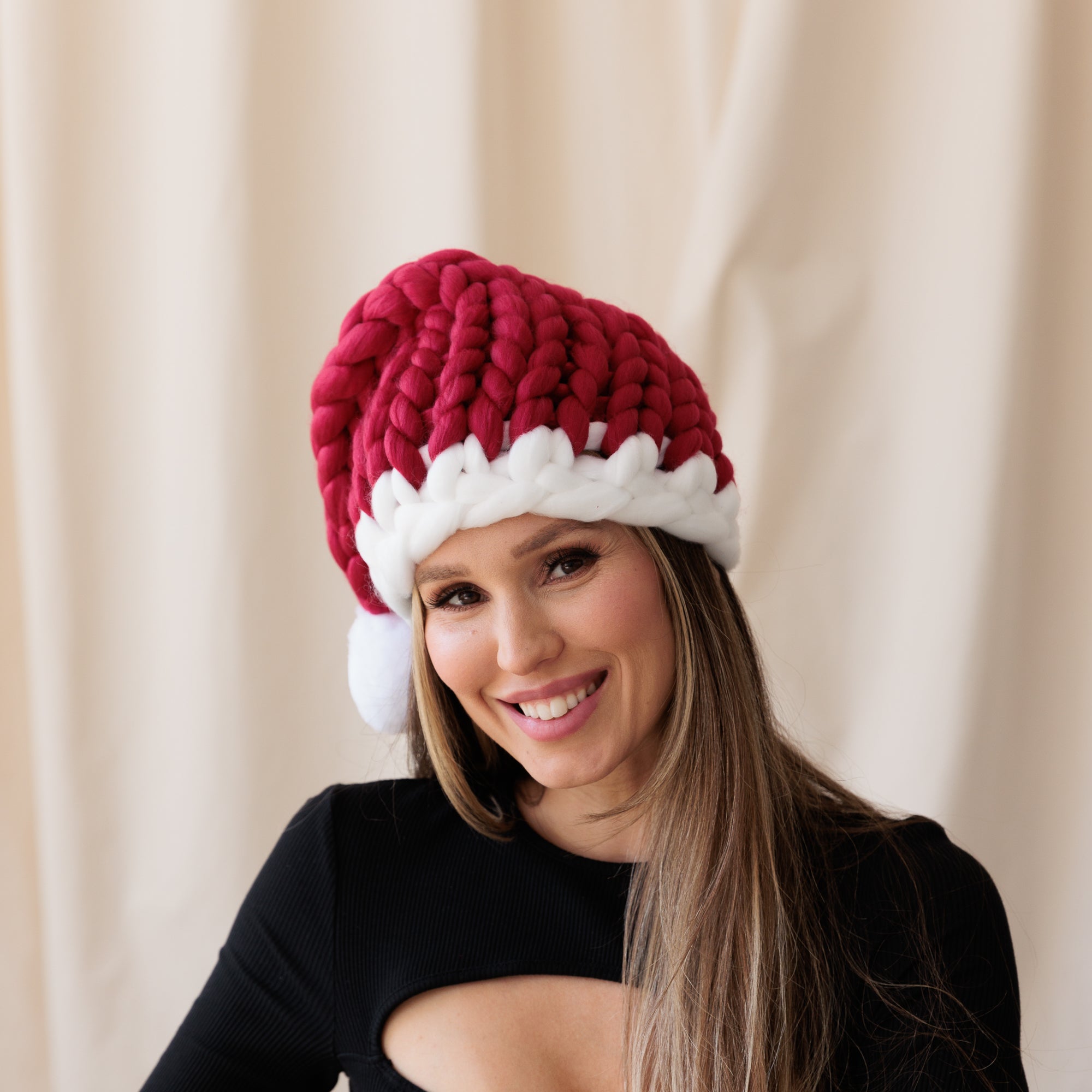 Hand Knitted Chunky Unique Womens Santa Hat, Available in Red and Wine