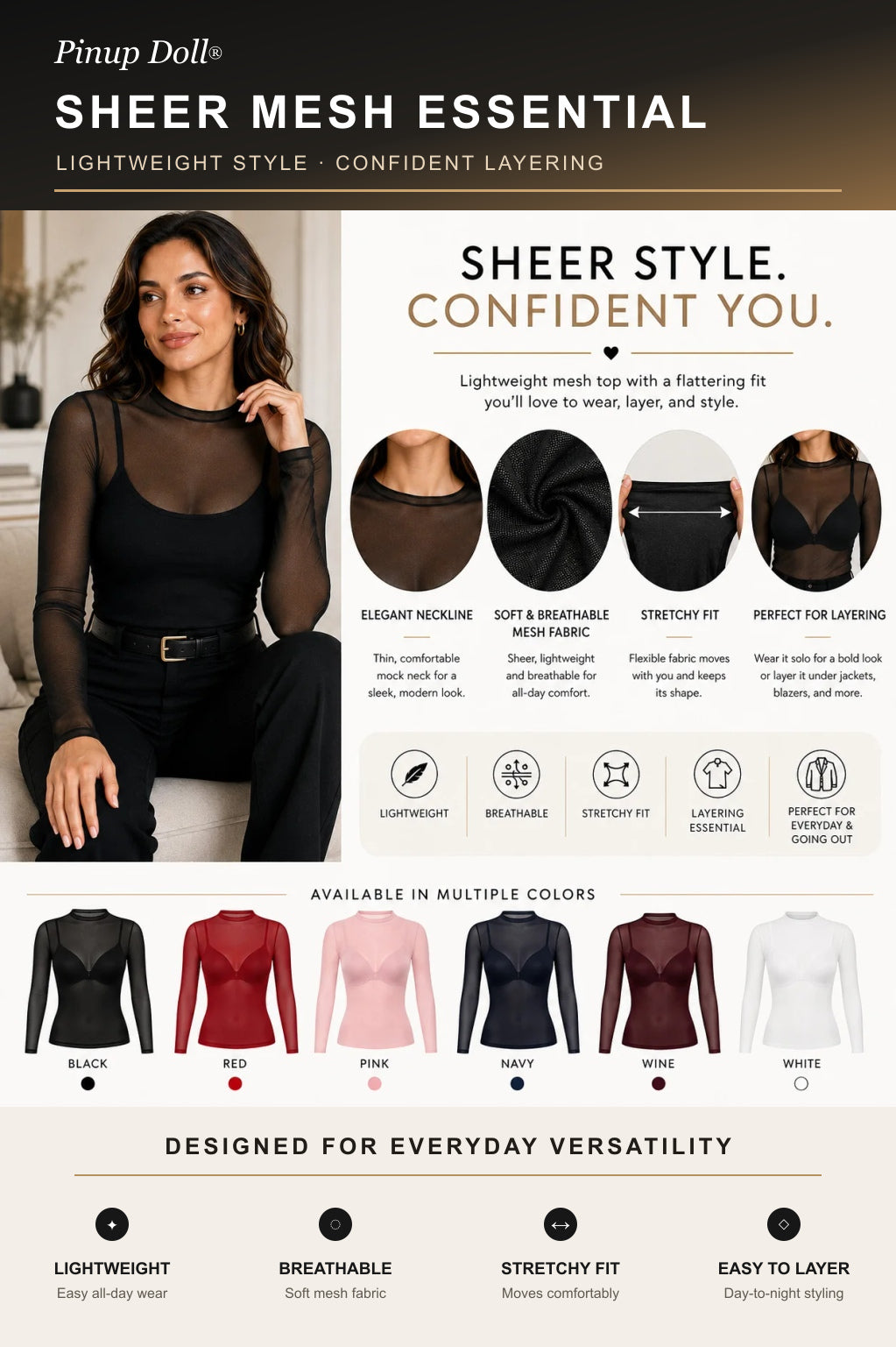 Pinup Doll Womens Sheer Mesh Long Sleeve Top, Sexy Tops for Women