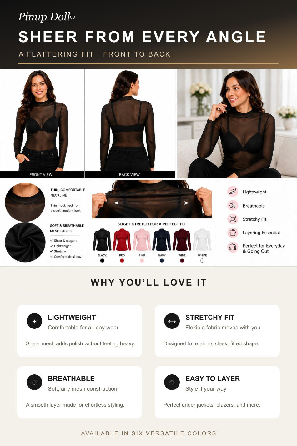 Pinup Doll Womens Sheer Mesh Long Sleeve Top, Sexy Tops for Women