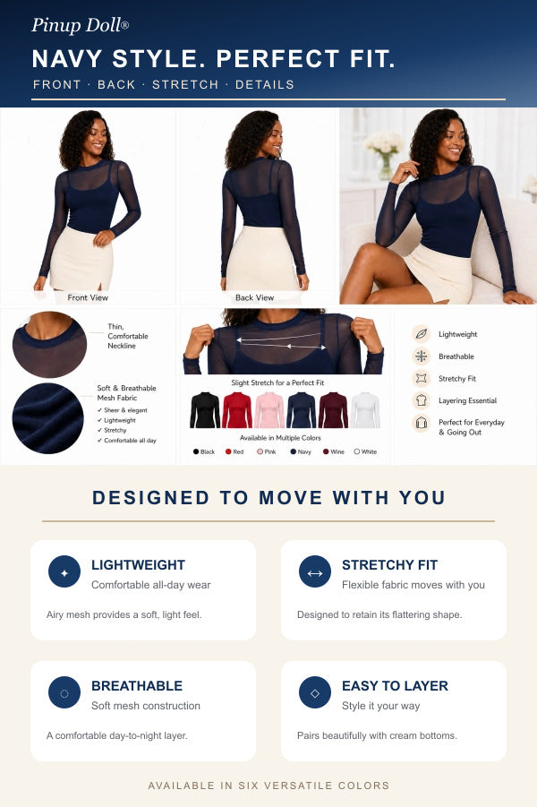 Pinup Doll Womens Sheer Mesh Long Sleeve Top, Sexy Tops for Women