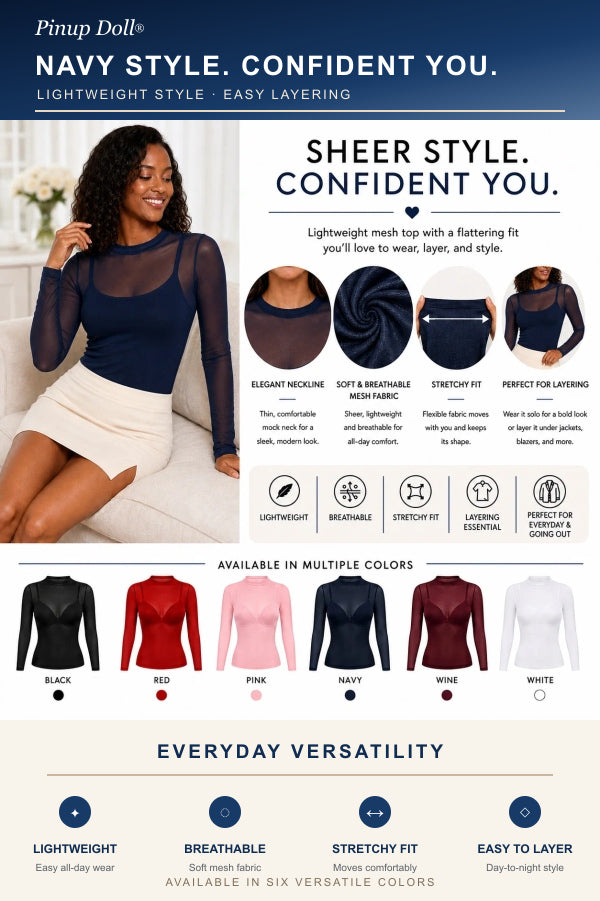 Pinup Doll Womens Sheer Mesh Long Sleeve Top, Sexy Tops for Women