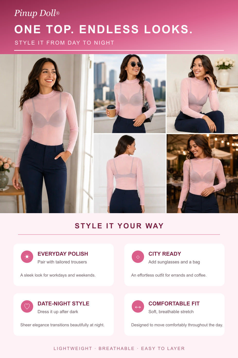 Pinup Doll Womens Sheer Mesh Long Sleeve Top, Sexy Tops for Women