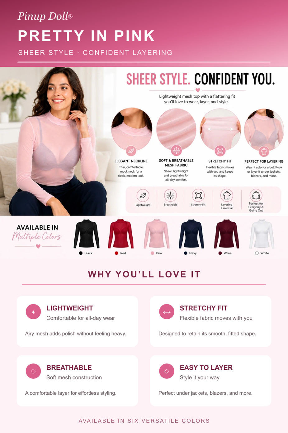Pinup Doll Womens Sheer Mesh Long Sleeve Top, Sexy Tops for Women