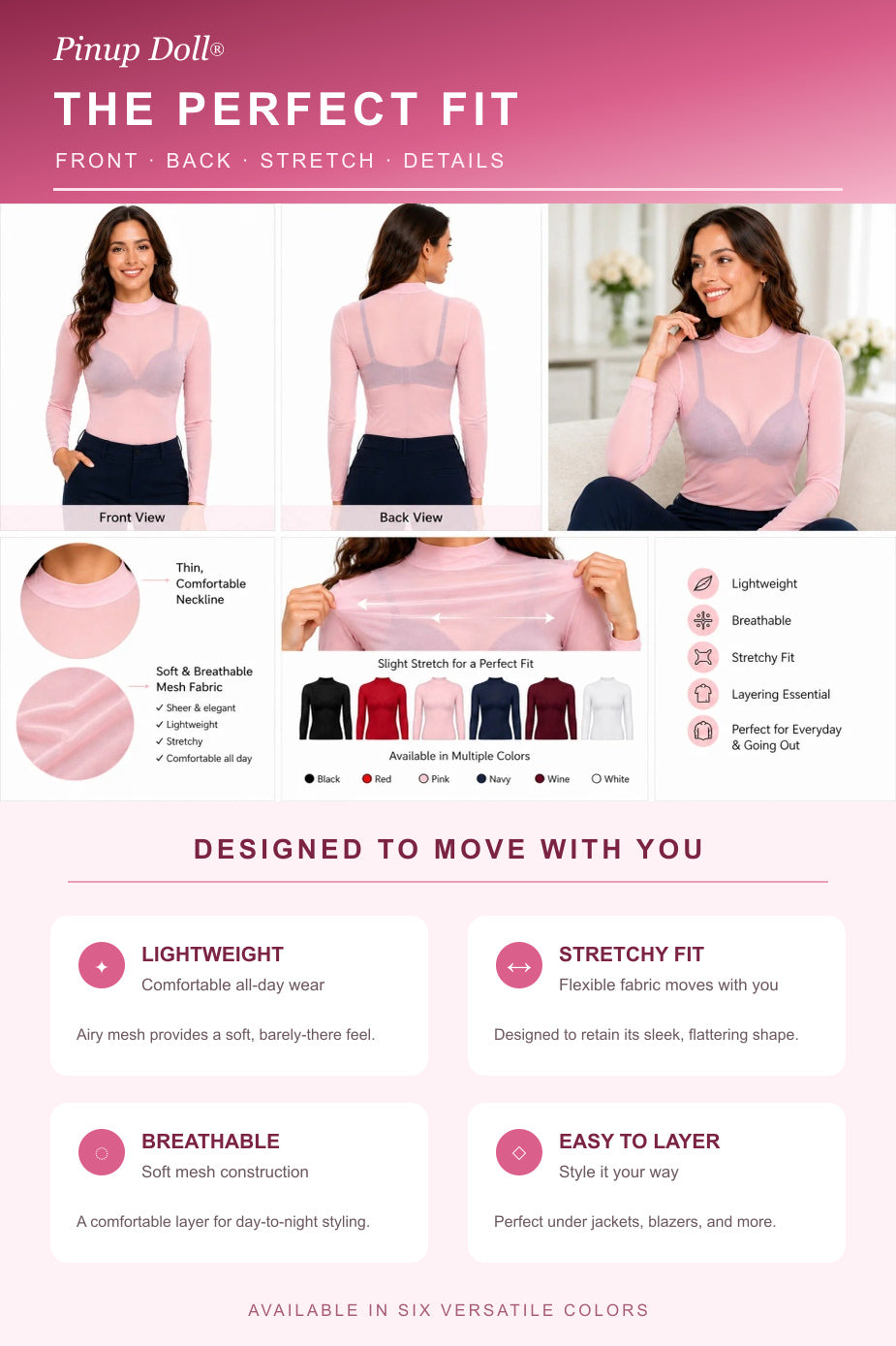 Pinup Doll Womens Sheer Mesh Long Sleeve Top, Sexy Tops for Women