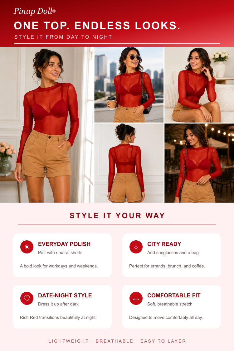Pinup Doll Womens Sheer Mesh Long Sleeve Top, Sexy Tops for Women