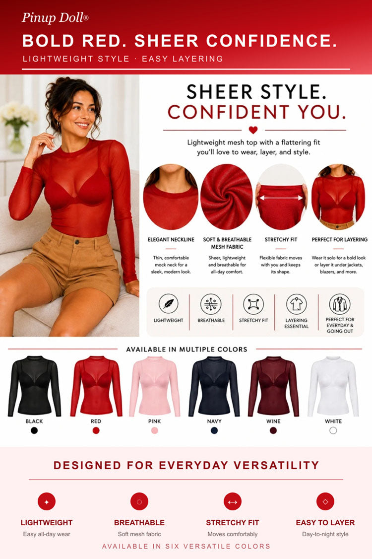 Pinup Doll Womens Sheer Mesh Long Sleeve Top, Sexy Tops for Women