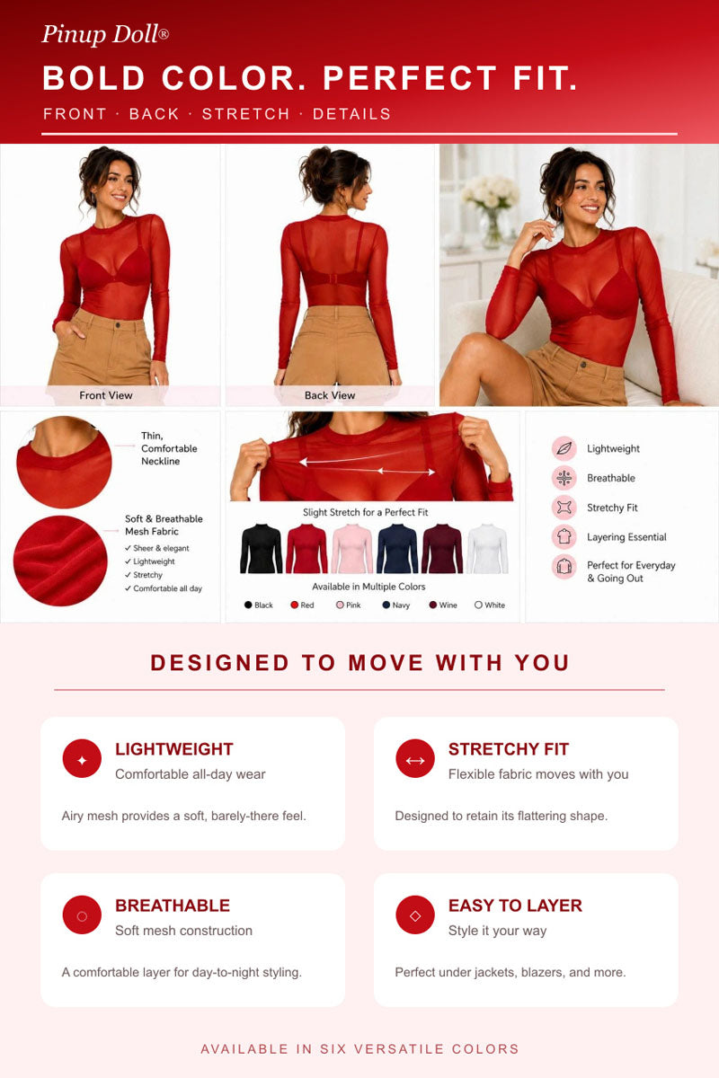 Pinup Doll Womens Sheer Mesh Long Sleeve Top, Sexy Tops for Women