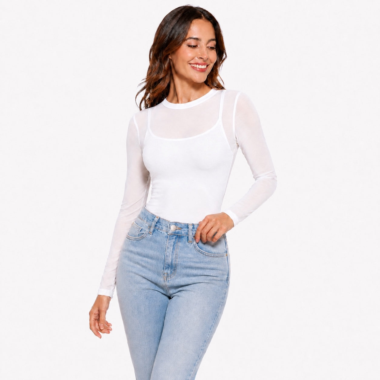 Pinup Doll Womens Sheer Mesh Long Sleeve Top, Sexy Tops for Women