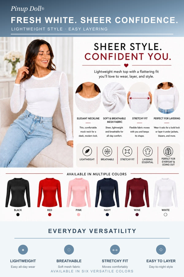 Pinup Doll Womens Sheer Mesh Long Sleeve Top, Sexy Tops for Women