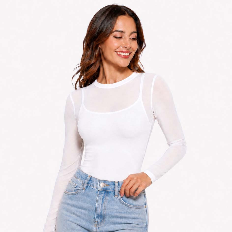 Pinup Doll Womens Sheer Mesh Long Sleeve Top, Sexy Tops for Women