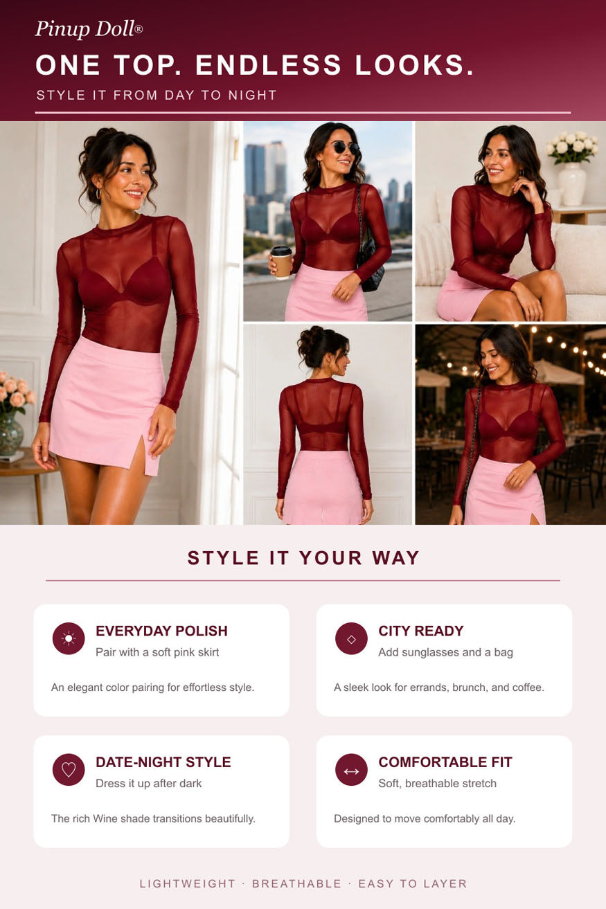 Pinup Doll Womens Sheer Mesh Long Sleeve Top, Sexy Tops for Women