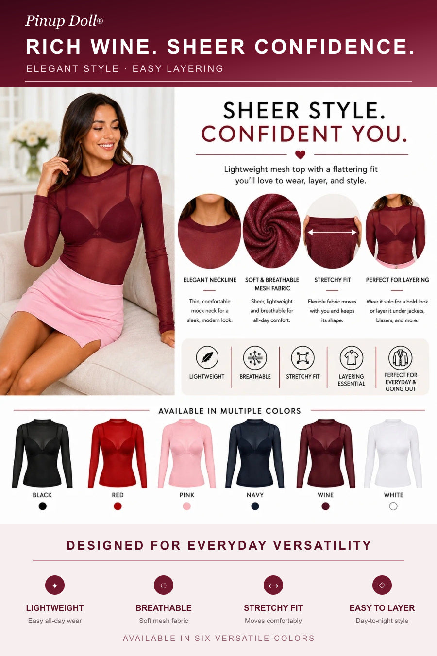Pinup Doll Womens Sheer Mesh Long Sleeve Top, Sexy Tops for Women