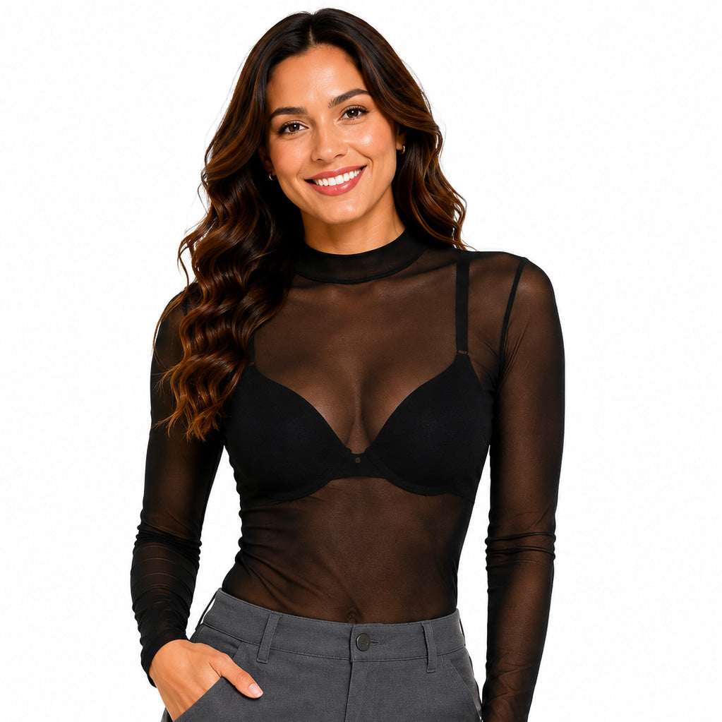Pinup Doll Womens Sheer Mesh Long Sleeve Top, Sexy Tops for Women