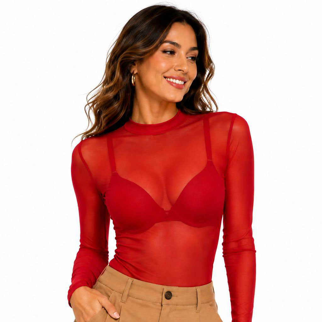 Pinup Doll Womens Sheer Mesh Long Sleeve Top, Sexy Tops for Women