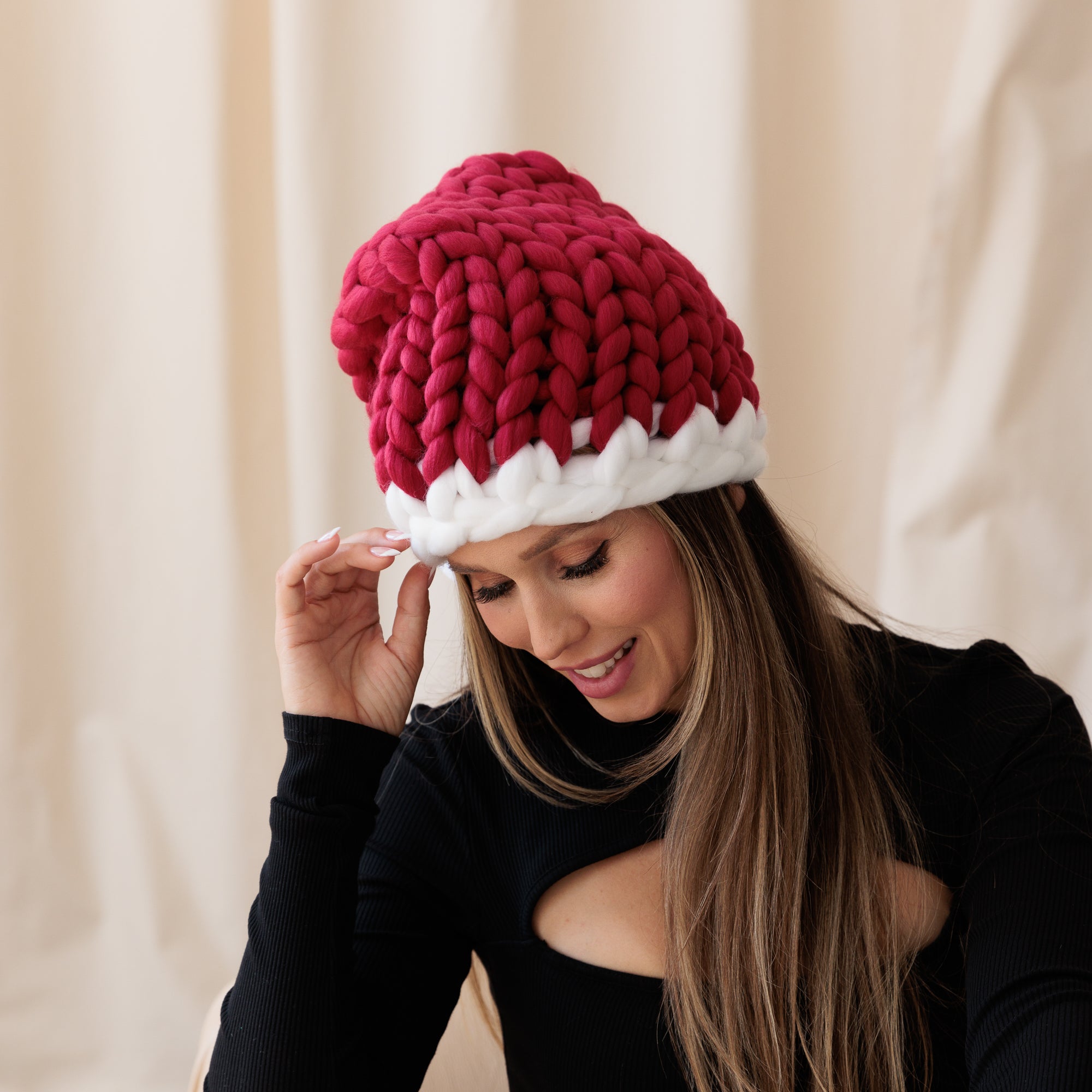 Hand Knitted Chunky Unique Womens Santa Hat, Available in Red and Wine