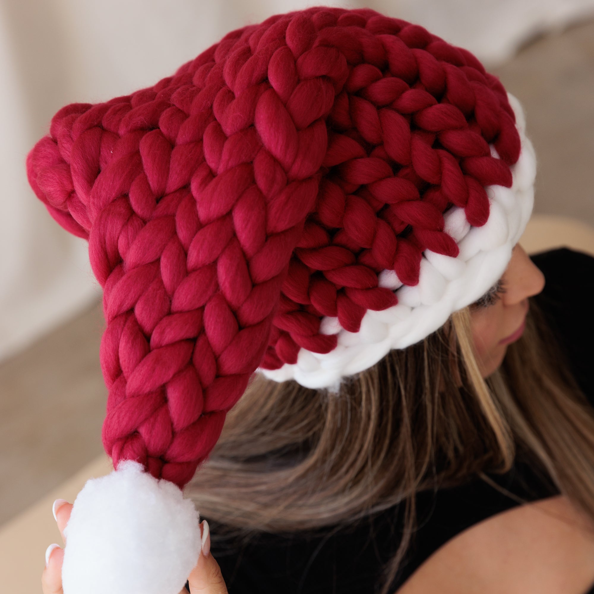 Hand Knitted Chunky Unique Womens Santa Hat, Available in Red and Wine